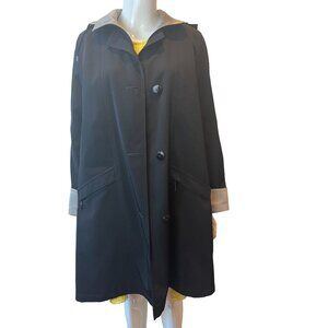 Gallery Womens Hooded Raincoat Full Zip Button Pockets Long Sleeves Black Small